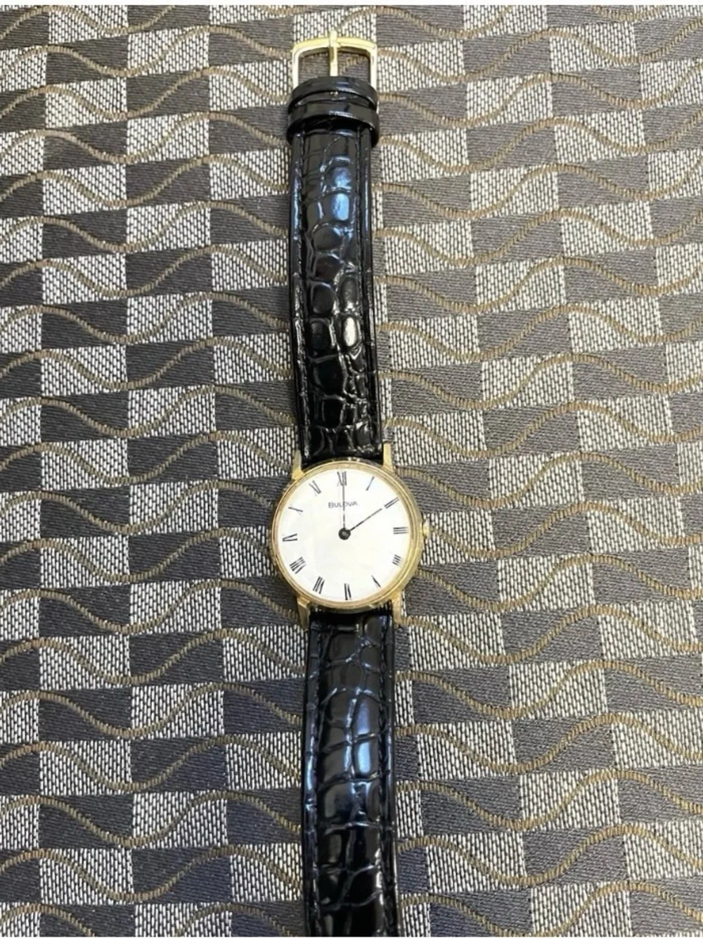 Vintage Bulova Men’s Gold Case Watch with Black Croc Leather Strap